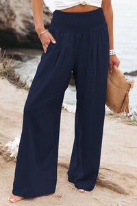 Linda - Damen Palazzo-Hosen mit weitem Bein aus Leinen, Hoher Taille in Blau