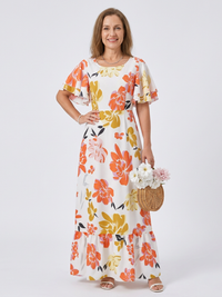 Elowen | Rundhals Kurzarm Schichten Maxikleid in Orange