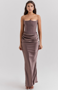 Damen Strapless Korsett Bodycon Maxikleid in Braun