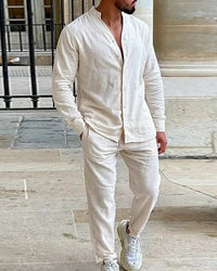 Olivier | Herren Leinen Set Stehkragen Hemd Hose Sommer Resort Casual in Beige
