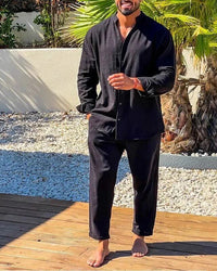 Olivier | Herren Leinen Set Stehkragen Hemd Hose Sommer Resort Casual in Schwarz