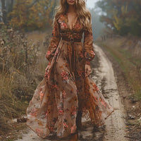Gudrun | Damen Bohemian Maxikleid Blumenmuster Weit Fließend Romantic in Dunkelbraun