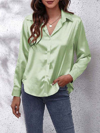 Elegante Bluse Damen Satinoptik Langarm in Hellgrün