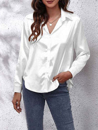 Elegante Bluse Damen Satinoptik Langarm in Weiß