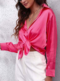 Elegante Bluse Damen Satinoptik Langarm in Dunkelrosa