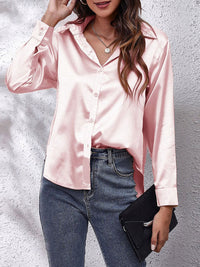 Elegante Bluse Damen Satinoptik Langarm in Rosa