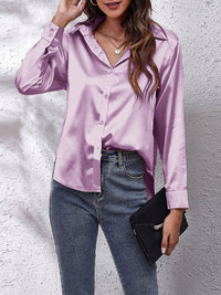 Elegante Bluse Damen Satinoptik Langarm in Lila