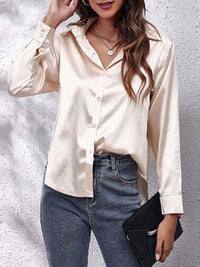 Elegante Bluse Damen Satinoptik Langarm in Creme