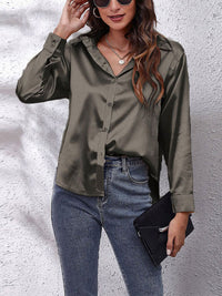Elegante Bluse Damen Satinoptik Langarm in Dunkelgrau