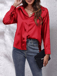 Elegante Bluse Damen Satinoptik Langarm in Rot
