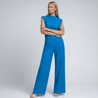 Émilie | Damen Set Jumpsuit Kurzarm Hoher Kragen Weit Modern Sommer in Tiefblau