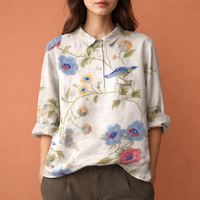Blumenmuster Bluse mit langen Ärmeln und Kragen für Damen | Viona in gebrochenes Weiß