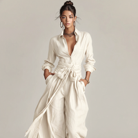 Petra | Damen Leinenmischung Jumpsuit Gürtel Hemdkragen Natural Casual in Weiß