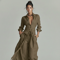 Petra | Damen Leinenmischung Jumpsuit Gürtel Hemdkragen Natural Casual in Kaltes Braun