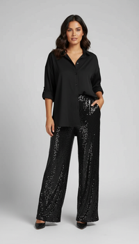 Glänzendes Damen-Set mit Bluse und weiter Hose in Schwarz