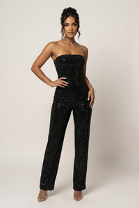 Glitzerndes zweiteiliges Set mit trägerlosem Oberteil und High-Waist-Hose in Schwarz