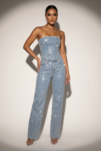 Glitzerndes zweiteiliges Set mit trägerlosem Oberteil und High-Waist-Hose in Denim