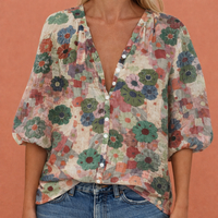 Bedruckte Bluse mit V-Ausschnitt und Knopfverschluss für Damen | Mireya in Grün