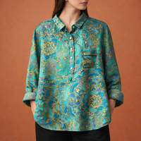 Blumenmuster Bluse mit langen Ärmeln und Kragen für Damen | Viona in Grün