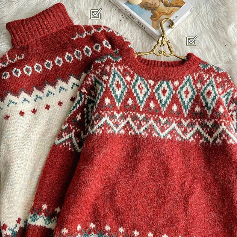 Giuliana - Schicker warmer Strickpullover mit Rollkragen und Weihnachts-Patchwork für Frauen