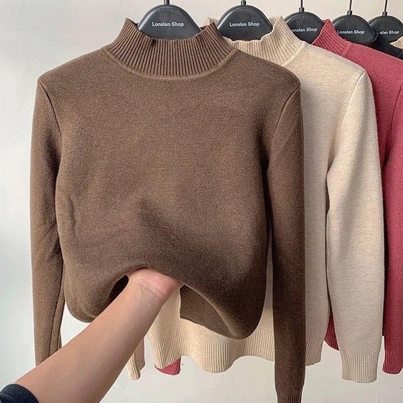 Lässiger warmer Strickpullover mit Plüschfutter für Damen | Ideal für den Winter