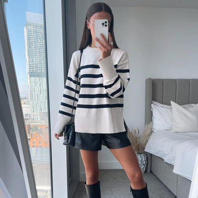 Stilvoller weißer Pullover mit Streifen für Damen | Ideal für den Winter