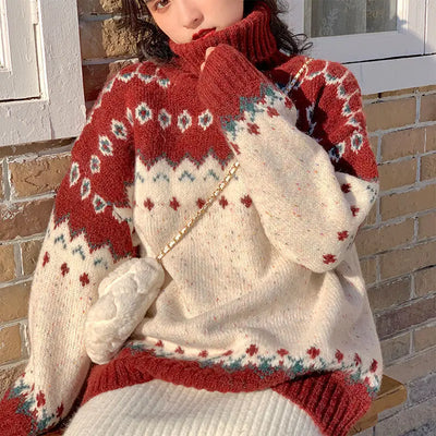 Giuliana - Schicker warmer Strickpullover mit Rollkragen und Weihnachts-Patchwork für Frauen
