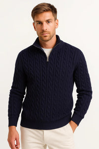 Herren Strickpullover mit Zopfmuster und Reißverschluss am Kragen für Frühling in Marineblau