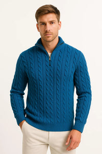 Herren Strickpullover mit Zopfmuster und Reißverschluss am Kragen für Frühling in Tiefblaugrün