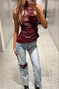 Cara | Damen Ledertop Urban Statement Modern Feminin Trend Edgy in Burgundisch rot