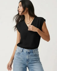 Sophie | Damen Blusentop V-Ausschnitt Kurzarm Unifarben Elegant Basic in Schwarz