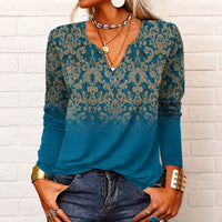 Katharina - Langarm-Boho-Bluse mit V-Ausschnitt in Blau