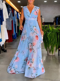 Hana - Lockeres Ärmelloses Blumenkleid in Blau