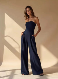 Nathalie | Damen Trägerloser Jumpsuit Weit Sommer Elegant Leicht in Marine Blau