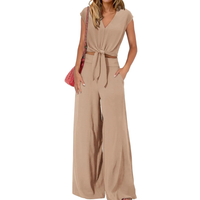 Michelle - V-Ausschnitt Crop Top mit Knoten vorne und weit geschnittene Hose Set in Khaki