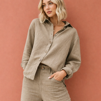 Leinenlook-Bluse mit Knopfverschluss für Damen | Esmée in Khaki