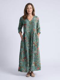 Marina | Floral V-Ausschnitt Maxikleid mit Dreiviertelärmeln in Grün