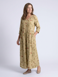 Marina | Floral V-Ausschnitt Maxikleid mit Dreiviertelärmeln in Gelb