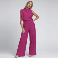Émilie | Damen Set Jumpsuit Kurzarm Hoher Kragen Weit Modern Sommer in Rosenrot