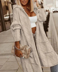 Lange Strickjacke Damen Mit Kapuze, Oversize Cardigan Für Herbst & Winter, Grobstrick, Gemütlich, Modisch in Beige
