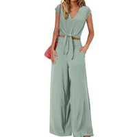 Michelle - V-Ausschnitt Crop Top mit Knoten vorne und weit geschnittene Hose Set in Hellgrün