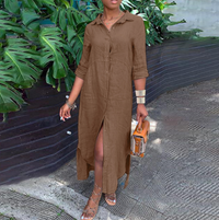 Leinenkleid - Langärmliges, lockeres Maxikleid mit Knöpfen für den Sommer in Braun