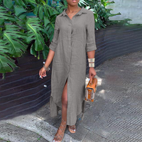 Leinenkleid - Langärmliges, lockeres Maxikleid mit Knöpfen für den Sommer in Grau