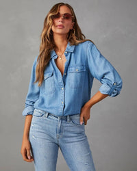 Greta | Damen Denim Bluse Oversized Brusttaschen Urban Casual Lässig in Blau