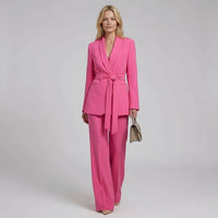 Bérénice | Damen Hosenanzug Longblazer Gürtel Tailliert Gerade Hose in Rosa