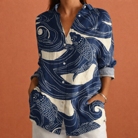 Bedruckte Damenbluse mit klassischem Kragen und Knopfverschluss | Yvonne in Marineblau
