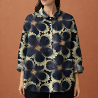 Blumenmuster Bluse mit langen Ärmeln und Kragen für Damen | Viona in Marineblau