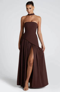 Céleste | Damen Trägerloses Maxikleid Fließend Elegant Festlich Sommer in Braun