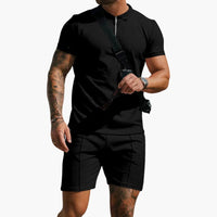 Herren-Poloshirt mit Seitentaschen und strukturierter Oberfläche in Schwarz