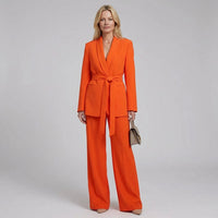 Bérénice | Damen Hosenanzug Longblazer Gürtel Tailliert Gerade Hose in Orange
